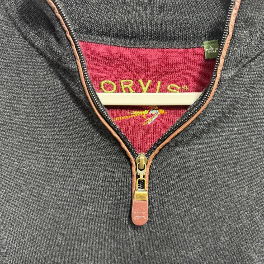 Orvis Mens 100% Merino Wool Quarter Zip Sweater Charcoal Gray Mock Neck Large